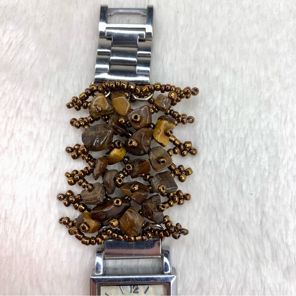 Geneva Ladies Stainless Steel Quartz Watch Brown Beaded Band - Picture 3 of 6